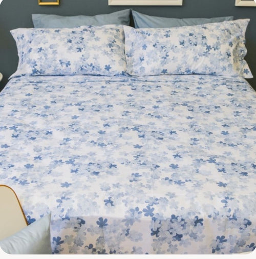 Completo Letto Matrimoniale Celeste Polvere – Fantasia Floreale
