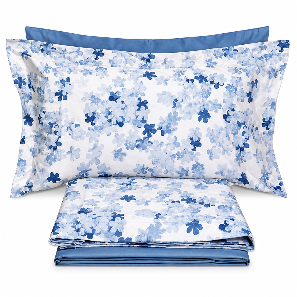 Completo Letto Matrimoniale Celeste Polvere – Fantasia Floreale