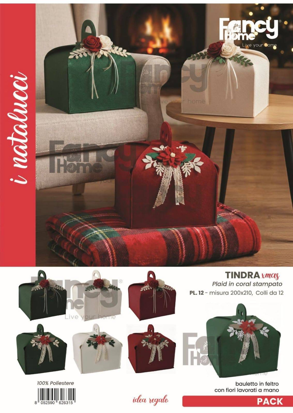 PLAID TINDRA Xmas – Plaid in Coral Stampato con Bauletto in Feltro